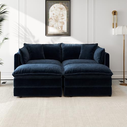 Aoowow Modular Sectional Sofa Modern Convertible Loveseat Couch,77.16 Inch Deep 2-Seater Sofas Comfy Chenille Cloud Sofas and Couches Set with 2 Movable Ottoman for Living Room Apartment（Blue） - color: Blue, size: 2 Seat + 2 Ottoman