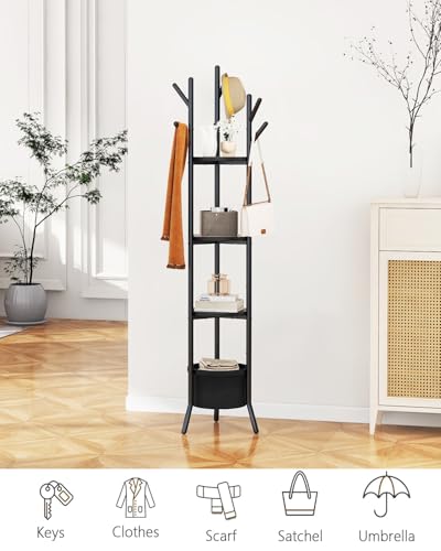 YMYNY Coat Rack, Freestanding Coat Stand with Storage Shelves, Hall Trees with 3 Wooden Shelves and 1 Fabric Basket, Metal Clothes Stand for Hats Bags Hallway Bedroom Black UHGR005B - color: Black