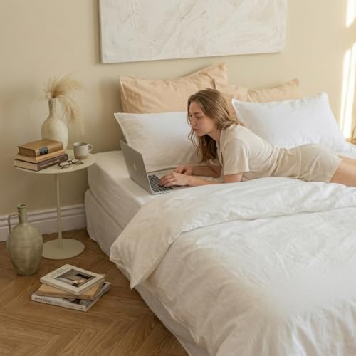 BISELINA French Linen Duvet Cover Set 3pcs with Hidden Zipper Closure Natural Flax Cotton Blend Solid Color Soft Breathable Luxury Farmhouse Bedding -Full Size, White - color: White, size: Full