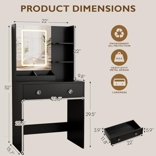 Korfile 24" Black Small Vanity Desk with Lighted Mirror & Power Outlet | Smart LED Mirror with 3 Color Modes,5 Storage Shelves & 2 Drawers,Power Outlet,Fits small spaces - color: Black