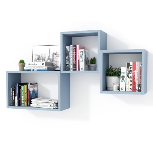 Wall Mount Shelf Set of 3, Floating Cube Shelves for Space Discovery Home and Commercial Use, Large Size Shelves Set, Peace Blue - color: Peace Blue, size: Set3