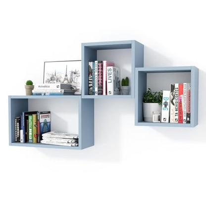 Wall Mount Shelf Set of 3, Floating Cube Shelves for Space Discovery Home and Commercial Use, Large Size Shelves Set, Peace Blue - color: Peace Blue, size: Set3
