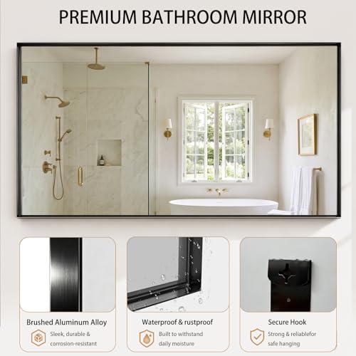 60x36 Black Bathroom Mirrors for Over Sink, Wall Mounted Bathroom Vanity Mirror, HD Distortion-Free Tempered Glass, Anti-Rust Brushed Matte Aluminum Alloy Frame, Horizontal or Vertical Hanging - size: 60"L x 36"W