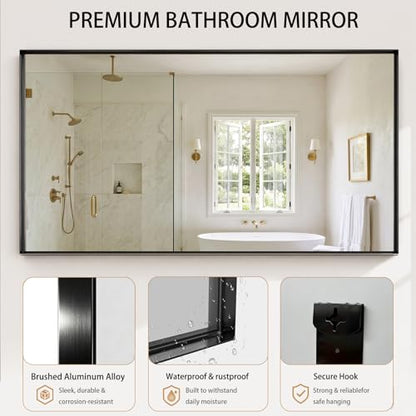 60x36 Black Bathroom Mirrors for Over Sink, Wall Mounted Bathroom Vanity Mirror, HD Distortion-Free Tempered Glass, Anti-Rust Brushed Matte Aluminum Alloy Frame, Horizontal or Vertical Hanging - size: 60"L x 36"W