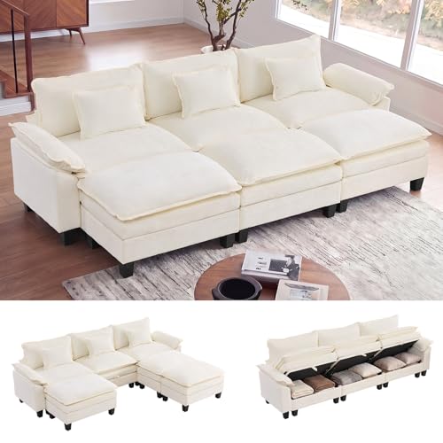 118" Modular Sectional Sofa with Storage, Comfy Cloud Couch Sleeper | Chaise Lounge, Deep Seat, Moveable Ottoman, Throw Pillows, Cloud Comfort Couches for Living Room Bedroom, Chenille Beige - color: Beige, size: 118"- 6 Seat