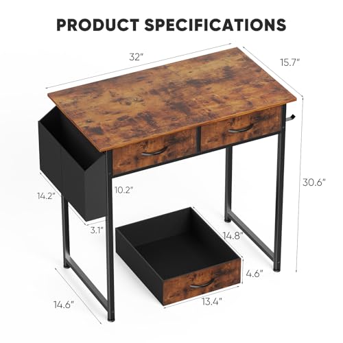 DUMOS 32" Home Office Computer Desk with Drawers, Small Gaming Writing Study Table with Storage Side Bag, Headphone Hook and Adjustable Feet for Bedroom Rustic Brown | Small Writing Desk for Home Office with Headphone Hook, Compact Study Table for Bedroom