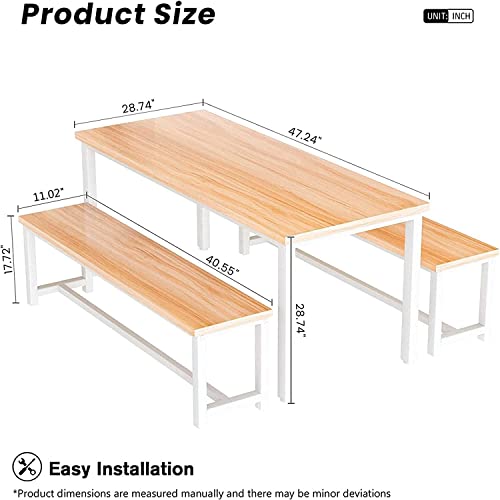 Dining Room Table Set with 2 Benches, Farmhouse Dining Table Set for 4-6, Wood Breakfast Table Set Dinner Table Set Kitchen Table and Chairs for Breakfast Nook Small Spaces, Beige - color: Maple