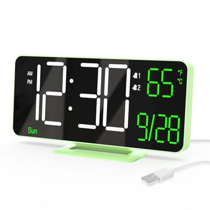 Small Digital Clock, 6.7in Alarm Clocks for Bedrooms, Auto Dimming, Room Temperature, Day of The Week, Seconds, Date, Desk Clock for Bedroom, Digital Clocks for Living Room - color: Green (White + Green Digits)