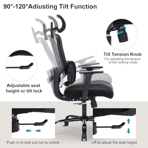 Office Chair Ergonomic Desk Chairs with Adjustable Lumbar Support & Headrest, Mesh High Back Home Office Desk Chairs with Adjustable Height Armrests, Comfy Swivel Task Computer Chair