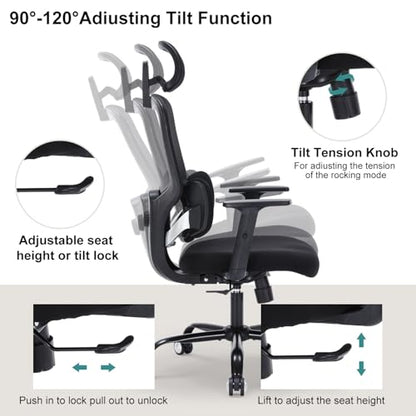 Office Chair Ergonomic Desk Chairs with Adjustable Lumbar Support & Headrest, Mesh High Back Home Office Desk Chairs with Adjustable Height Armrests, Comfy Swivel Task Computer Chair
