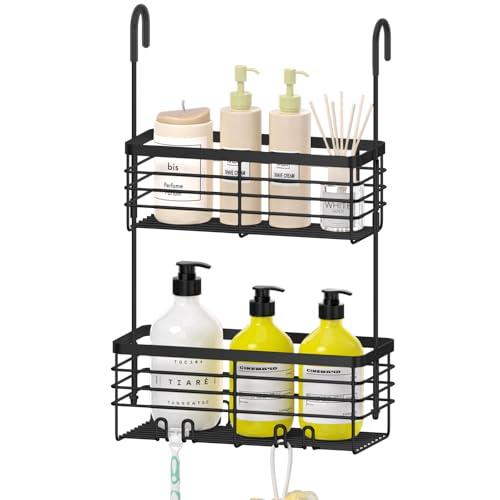 DELLAN 2-Tier Shower Hanging Caddy, Shower Rack with Hooks, Black | Over the Door Stainless Steel Hanging Orangizer and Basket - color: Black, size: 2-Tier 11"D x 4.7"W x 4.1"H