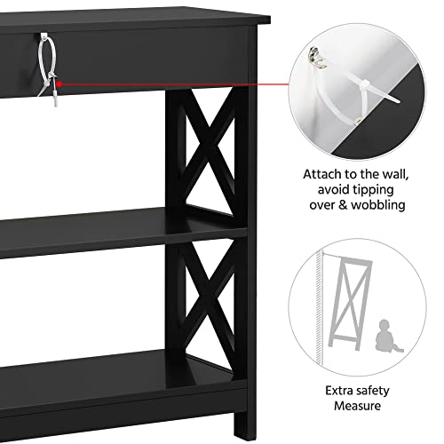 Yaheetech Narrow Entryway Console Table with Drawer, Storage Shelf, Black | X-Frame Painted MDF Build, Drawer and 2 Open Shelves for a Living Room, Sofa Side or Small TV Stand, Tabletop Holds 55 lb - color: Black