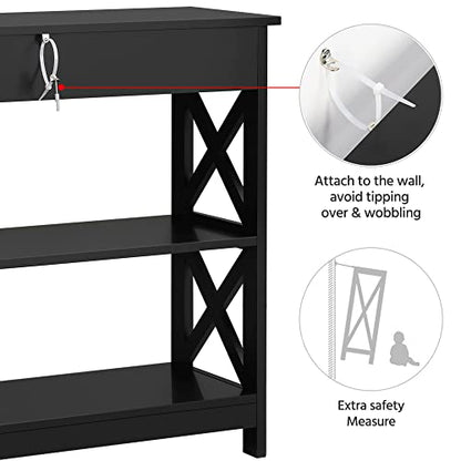 Yaheetech Narrow Entryway Console Table with Drawer, Storage Shelf, Black | X-Frame Painted MDF Build, Drawer and 2 Open Shelves for a Living Room, Sofa Side or Small TV Stand, Tabletop Holds 55 lb - color: Black