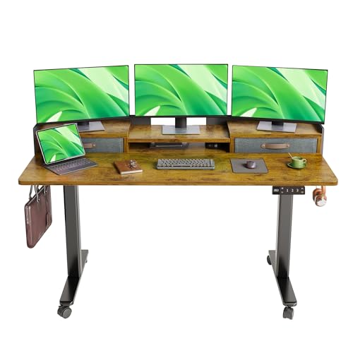Claiks Standing Desk with Drawers & Wheels, 2 Height Shelf 59" Rustic Brown | 2 height adjust shelf, tabletop drawers, felt fence design, sturdy supports 176 lbs, 4 wheels, 2 tire monitor stand - color: Rustic Brown, size: 59×23.6