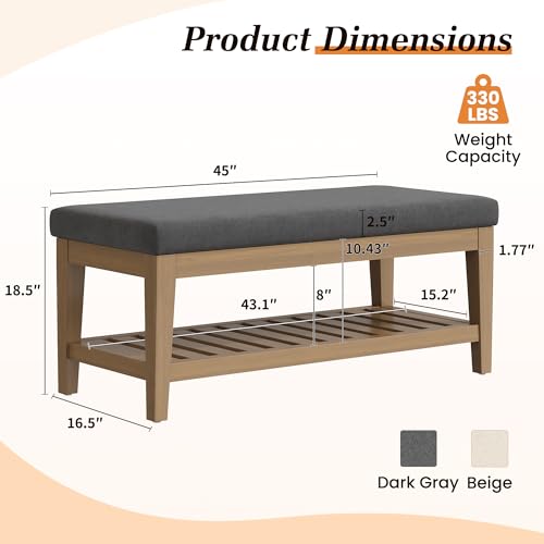 Apicizon 45" Shoe Rack Bench with Upholstered Cushion, Solid Rubberwood Entryway Shoe Bench, Modern Chenille Ottoman Bench with Storage for Hallway Bedroom Living Room Front Door Entrance, Dark Gray - color: Dark Gray