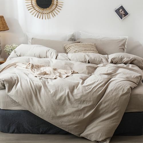 MooMee Duvet Cover Set 100% Washed Cotton Linen Like Queen | Relaxed Linen-like Texture. Soft, Breathable & Long-lasting Comfort. Lightweight. Hidden Zipper with 8 Interior Corner Ties - color: Heathered Tannish Linen Grey (No Comforter), size: Queen (90"