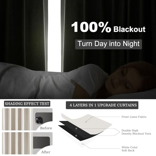 Topfinel 86 Inches Long Linen Blackout Curtains 2 Panels Set for Living Room Cream Birch Linen Texture Modern Farmhouse 100% Black Out Room Darkening Back Tab Rod Pocket(W52 xL80) - color: Birch, size: 52"W x 86"L (Pack of 2)