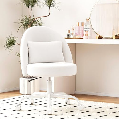 Misolant Vanity Chair with Back, Armless Cute Office Chair with Wheels for Girls, Teddy Fleece Fabric Small Desk Chairs with Adjustable Height, Lumbar Support Pillow, 360°Swivel for Makeup Room, White - color: White
