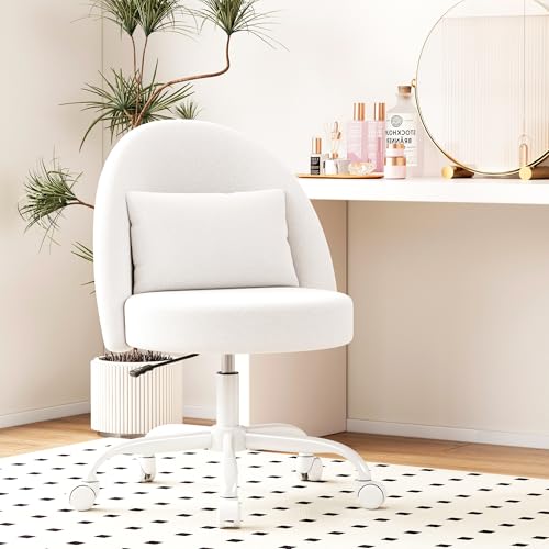 Misolant Vanity Chair with Back, Armless Cute Office Chair with Wheels for Girls, Teddy Fleece Fabric Small Desk Chairs with Adjustable Height, Lumbar Support Pillow, 360°Swivel for Makeup Room, White - color: White
