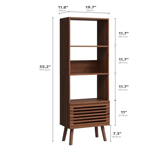 Furnify 4-Tier Narrow Bookcase with Open Shelf and Slatted Door, Walnut | 55" H Corner Bookcase with 4 Cubes, Mid Century Modern Wood Bookshelf, Display Storage Cabinet for Living Room Home Office - color: Walnut, size: 55" H