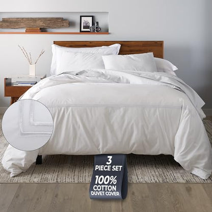 Ella Jayne Duvet Cover Full (3 Pieces), 100% Cotton Percale, Full/Queen, Soft Breathable & Lightweight, Including Full Size Duvet Cover (1 Piece) 90 x 90 Inches with 2 Pillow Shams (White Design) | Duvet Cover Queen | 100% Cotton Percale Fabric | Soft Bre