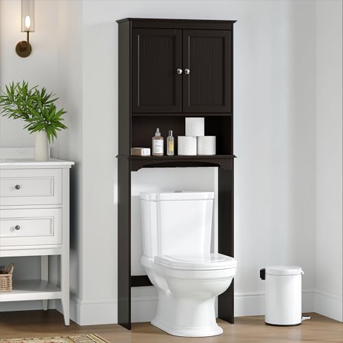 Spirich Over Toilet Storage Cabinet with Doors, Espresso Bathroom Organizer | FSC-Certified MDF, Raised Panel Doors, Adjustable & Open Shelves, Anti-Tip Mount, Fits Behind & Above Standard Toilets - color: Espresso