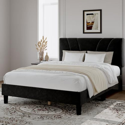 Novilla Full Size Bed Frame with Headboard, Full Bed Frame with Wooden Slats Support, Velvet Upholstered Headboard, No Box Spring Needed, Heavy Duty Feet, Easy Assembly, Black Velvet - color: Black Velvet, size: Full