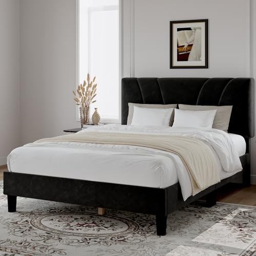 Novilla Queen Bed Frame, Queen Size Bed Frame with Wooden Slats Support, Velvet Upholstered Headboard, No Box Spring Needed, Heavy Duty Feet, Easy Assembly, Black Velvet - color: Black Velvet, size: Queen