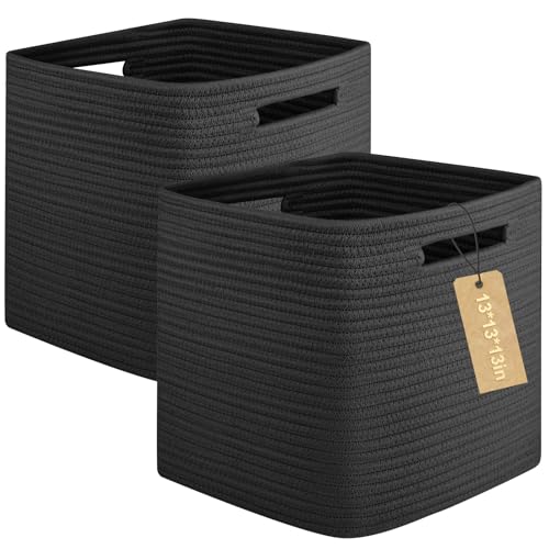 OIAHOMY 2 PACK Cube Storage Bin 13 Inch Collapsible Storage Cube Black | Cube Storage Organizer Storage Bins for Shelves Baskets for Organizing Woven Rope Storage Baskets - color: Black, size: 2Pcs-13*13*13inch