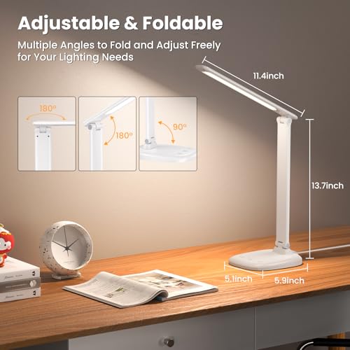 Desk Lamp with Charger, 10%-100% Stepless Dimmable & 5 Color Modes Study Lamp, Touch Control, 30-/60-minute Timer, USB Charging Output Port, CRI≥90, Eye-Caring Foldable LED Desk Lamps for Home Office - color: White-US