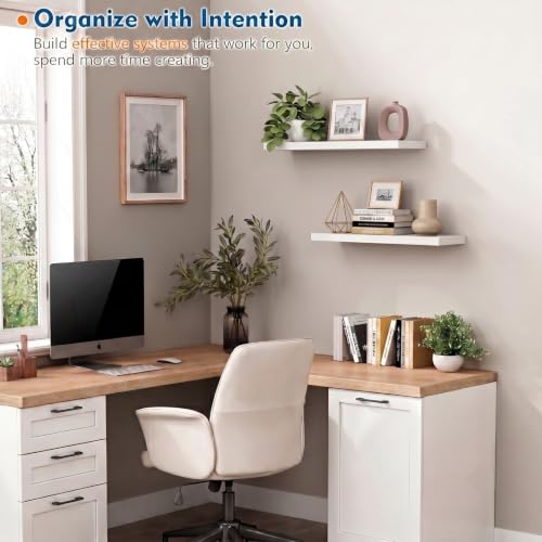 Harwaya 24 Inch White Floating Shelves Bathroom, Bedroom Wall Shelf 2-Pack | 8" Deep Wall Mounted Shelves for Kitchen Office Living Room Closet Plants Books Dresser - color: White