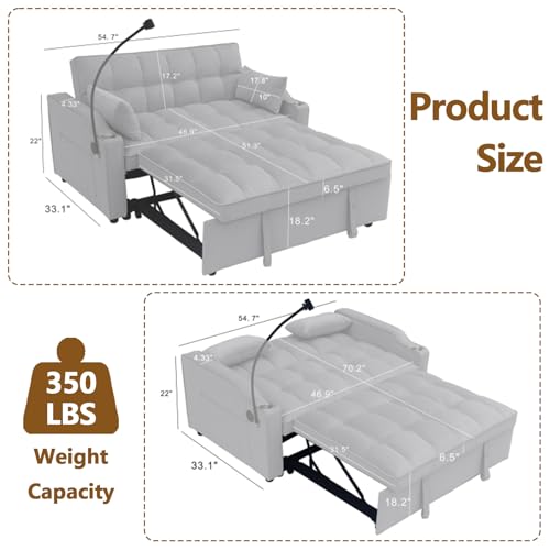3 In 1 Velvet Convertible Sofa Bed, Pull Out Couch Bed with Reclining Backrest And 2 Pillows, 54" Full Size Loveseat Sleeper Sofa Futon Couch Bed, Couches For Small Spaces, Living Room (Light Gray) - color: Light Gray