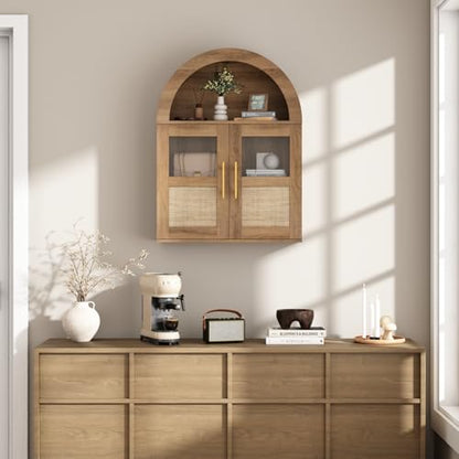 RUSTOWN Arched Bathroom Wall Cabinet with 2 Glass & Rattan Doors | Rattan Medicine Cabinet, Farmhouse Over the Toilet Storage Cabinet, Adjustable Shelves, 3-Tier Wall Mounted Cabinets - color: Rustic Oak