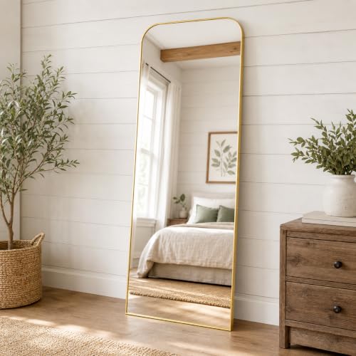 HARRITPURE 57"x20" Full Length Mirror Gold Rounded Corner Floor Mirror | Aluminum Frame Standing Hanging Leaning Wall Floor Dressing Mirror with Stand for Living Room Bedroom Cloakroom - color: Gold, size: 57"L x 20"W