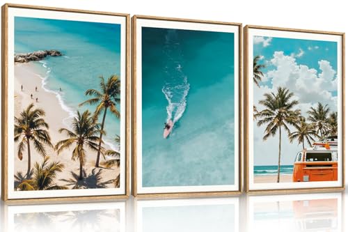 LHIUEM Large Nature Surfboard Beach Framed Canvas Wall Art,Summer Ocean Surfing Wall Decor,Palm Trees Wall Painting,Modern Picture Artwork for Living Room,Bedroom,Dining Room,Office -16"x24"x3 - color: Beach Surfing Wall Art, size: 24"L x 16"W
