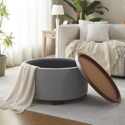 Zihanhome 30 Inch Round Storage Ottoman, Ottoman Coffee Table with Lift Off Lid, Boucle Modern Ottomans with Storage for Living Room, Bedroom, Apartments (Light Grey) - color: Light Grey
