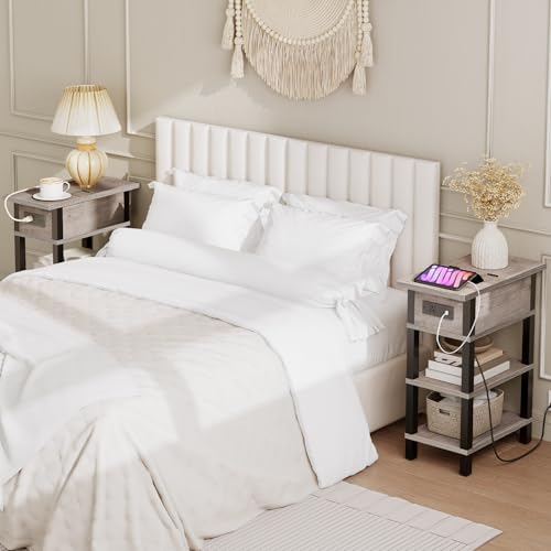 HOOBRO End Table with Charging Station, Flip Top Side Table with USB Ports, Narrow Nightstand Bedside Tables with Storage Shelves, for Small Space, Living Room,Greige and Black BG141UBZ01 - color: Greige + Black