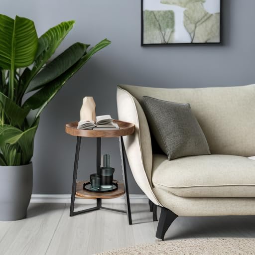 Round End Table with Storage Shelf, 2 Tier Farmhouse Side Table Nightstand for Living Room, Bedroom, Wood Tabletop & Black Metal Frame, Brown 15.7 * 15.7 * 23.0inches - color: Brown, size: 15.7"D x 15.7"W x 23"H (no Charging Station)