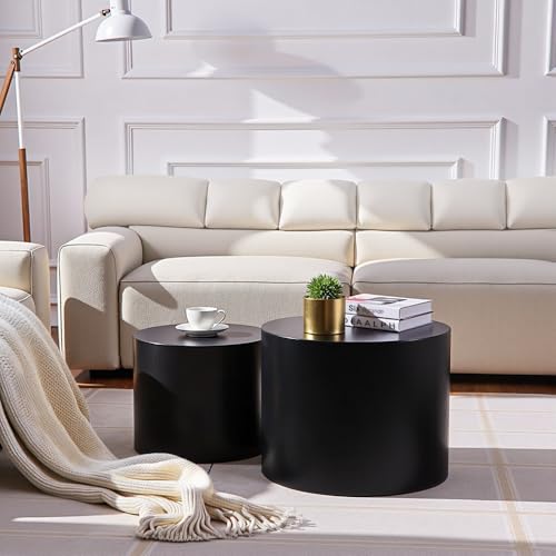 Nesting Coffee Table Set of 2, Modern Round Coffee Table with Non-Slip Feet, Wooden Circle Accent Tables for Small Spaces Living Room Bedroom Balcony Office Drum Side Table (Black) - color: Black