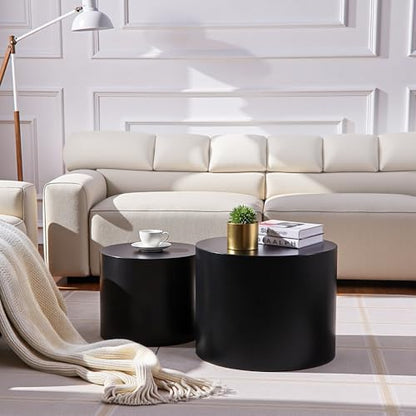 Nesting Coffee Table Set of 2, Modern Round Coffee Table with Non-Slip Feet, Wooden Circle Accent Tables for Small Spaces Living Room Bedroom Balcony Office Drum Side Table (Black) - color: Black