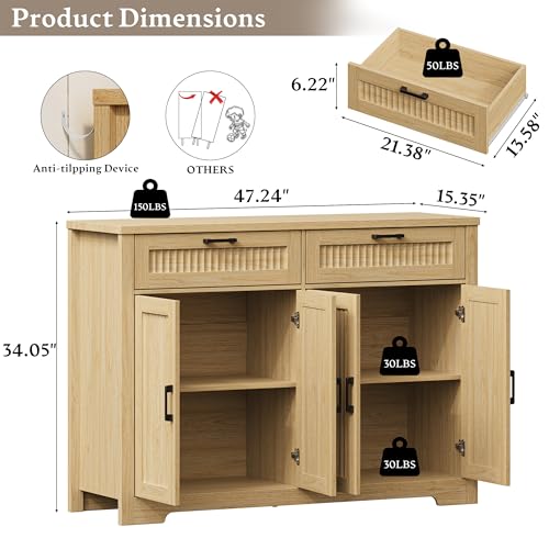 Fluted Buffet Sideboard Cabinet with Storages, Buffet Table with Drawers | Coffee Bar Console Table with 2 Drawers & 4 Doors and Adjustable Shelves, Sideboard with Metal Handles, Natural Oak - color: Natural Oak, size: 4 Doors & 2 Drawers