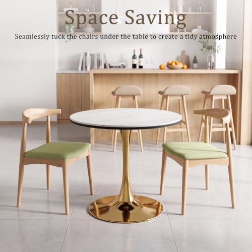 31.5" Round Dining Table, Sintered Stone Tulip Table with Gold Metal Pedestal Base, Modern Leisure Dining Table for Small Space, Kitchen, Dining Room (White and Gold) - color: White and Gold