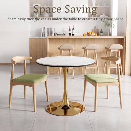 31.5" Round Dining Table, Sintered Stone Tulip Table with Gold Metal Pedestal Base, Modern Leisure Dining Table for Small Space, Kitchen, Dining Room (White and Gold) - color: White and Gold
