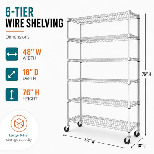 6-Tier Rolling Wire Shelf Rack, 48 x 18 x 76 in., Chrome | Supports up to 6000 lb with adjustable shelves and wheels or leveling feet for garage, pantry, kitchen. - color: Chrome, size: 6-Tier, 72"H × 48"W × 18"D