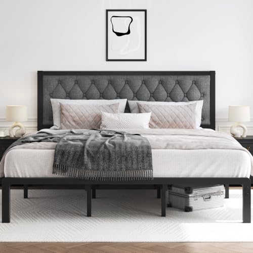 HISOFT King Bed Frame with Upholstered Button Tufted Headboard, Bed Frame Platform Metal Slats Support, Under Bed Storage, No Box Spring Needed, Noise-Free, Easy Assembly, Grey - color: Grey, size: King