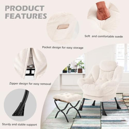 Lazy Chair with Folding Ottoman,Leisure Sofa Chair,Soft Fabric Armchair with Armrests and Side Pockets, Reading Chair with Footrest for Living Room, Bedroom, Office (Plush Beige) - color: Plush Beige