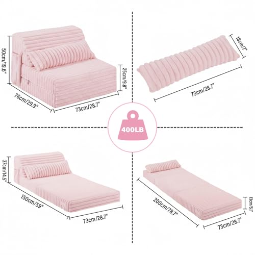 Folding Sofa Bed - 4-Fold Convertible Sleeper Chair with Corduroy Cover and Rectangular Pillow, Floor Sofa Mattress for Adults, Single Size, Pink - color: Corduroy Pink, size: Single Size