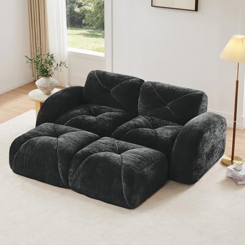 Black Loveseat Sectional Couches for Living Room, Velvet Fabric Boneless Couch, No Assembly Cloud Modular Sectional Sofa Love Seat with 2 Ottoman, Foam Couch Compressed Sofa Set, Sofas para Sala - color: Black, size: 2 Seater + 2 Ottoman