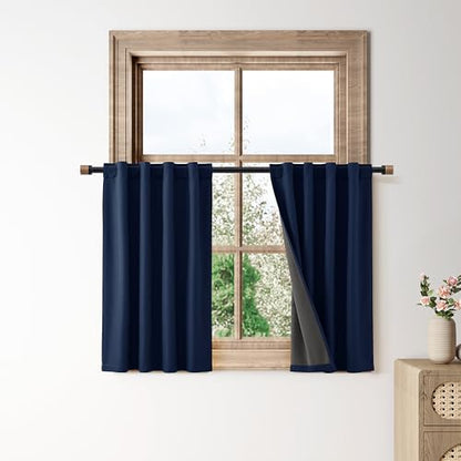 100% Blackout Kitchen Linen Curtains Back Tab 30 Inch Length Privacy Elegant Mini Cafe Curtain for Rustic Farmhouse Bathroom Thermal Insulated Kids Bedroom Small Drape Navy Blue 26x30 - color: Navy Blue, size: 26"W x 30"L (Pack of 2)