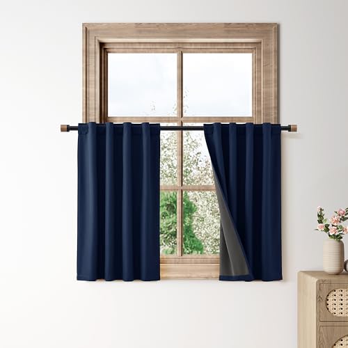 100% Blackout Kitchen Linen Curtains Back Tab 30 Inch Length Privacy Elegant Mini Cafe Curtain for Rustic Farmhouse Bathroom Thermal Insulated Kids Bedroom Small Drape Navy Blue 26x30 - color: Navy Blue, size: 26"W x 30"L (Pack of 2)